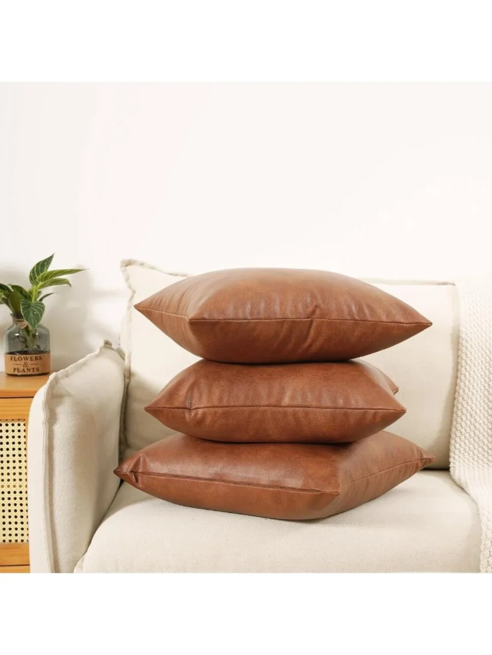 Set of 2 Brown Faux Leather Throw Pillow Covers 12x20 Inch Decorative Cushions